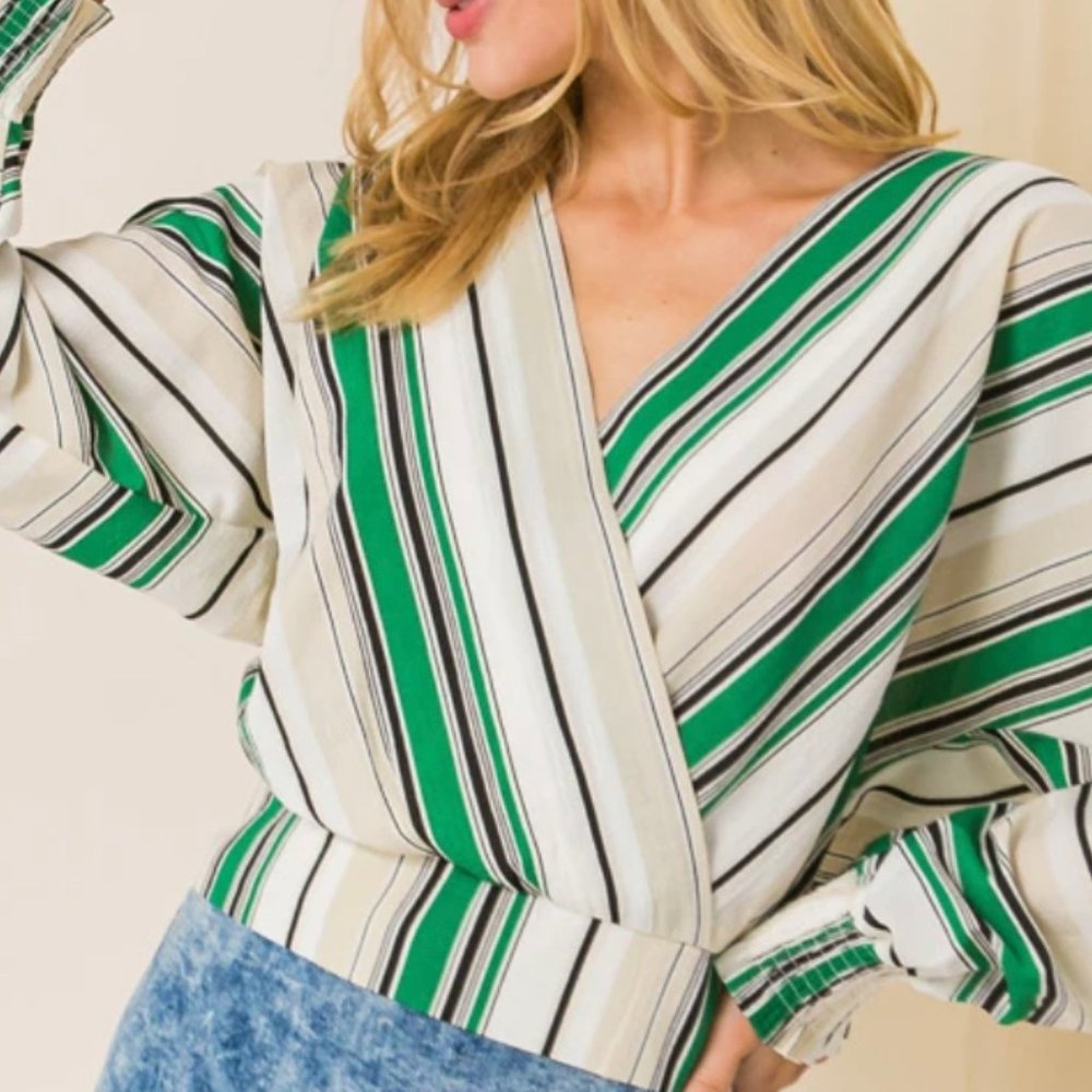 Flying Tomato Brand Green Waist Crop w stripes Blousy Shirt!